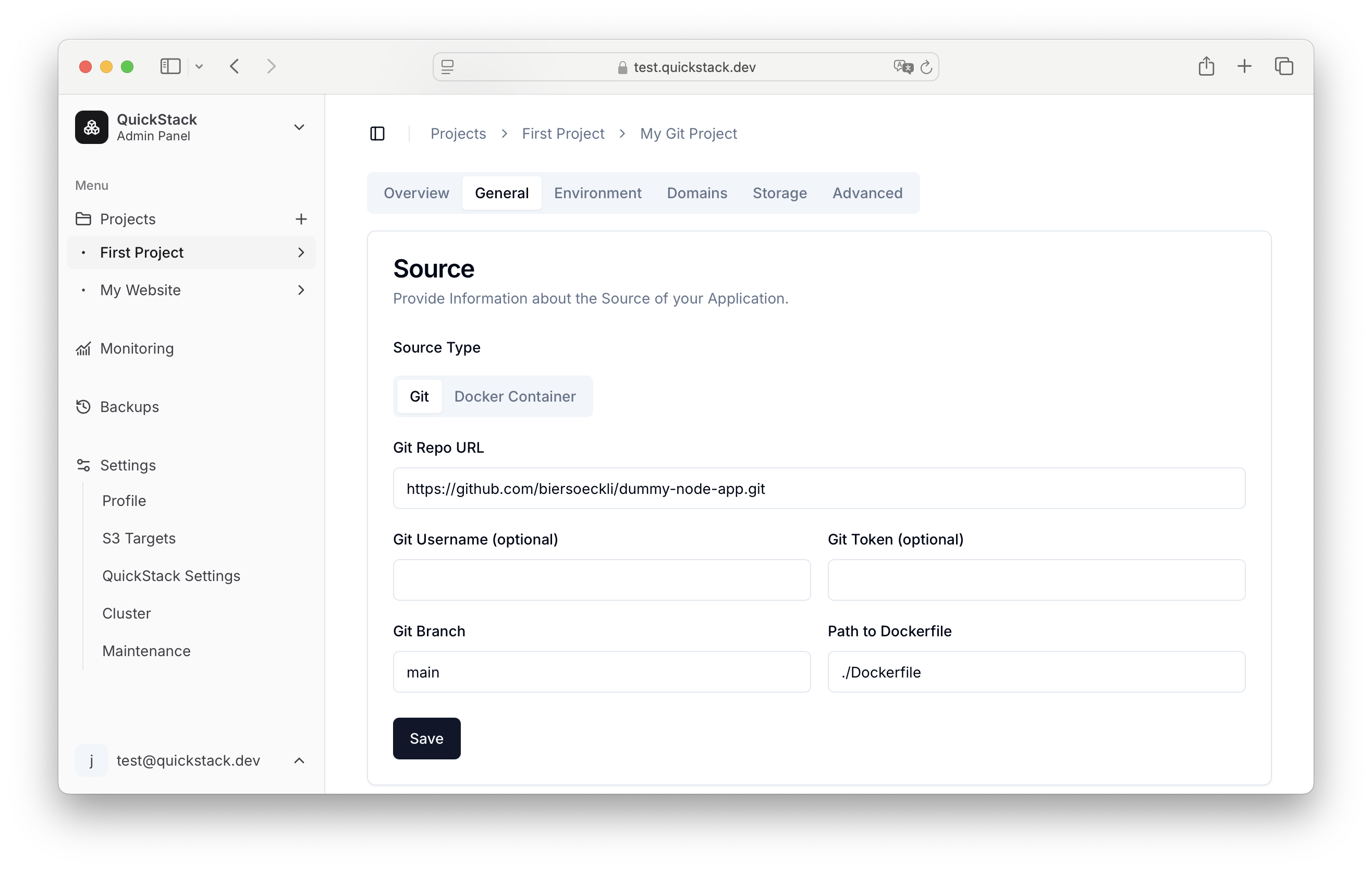 QuickStack App Settings Image